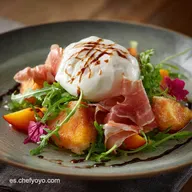 Ensalada de verano: Melocot&oacute;n Asado, Burrata y Crujiente de Jam&oacute;n