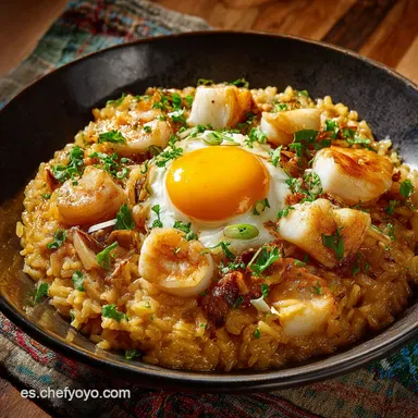 Arroz con huevo y merluza: Receta Casera con Yema L&iacute;quida! Tarjeta de receta