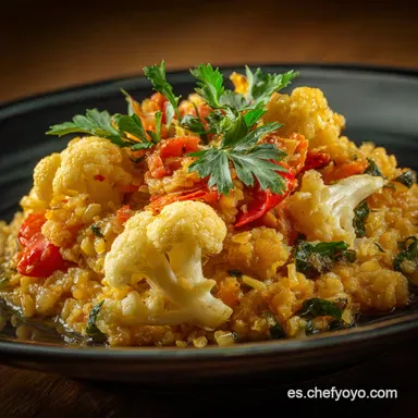 Arroz de coliflor con curry y verduras: Receta ligera en 35 minutos. Tarjeta de receta