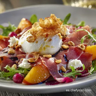 Ensalada de verano: Melocot&oacute;n Asado, Burrata y Crujiente de Jam&oacute;n Tarjeta de receta