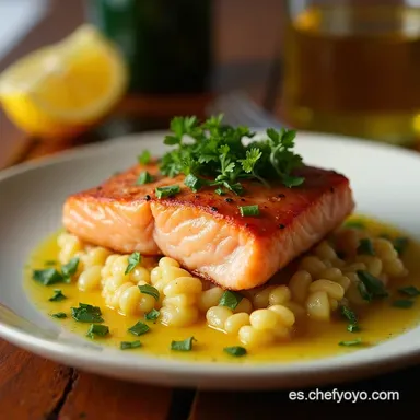 Salm&oacute;n con Salsa de Mantequilla Lim&oacute;n y Ajo Cena Elegante en 25 Minutos Tarjeta de receta