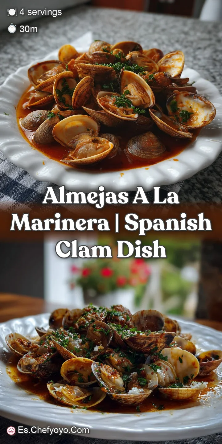 Close-up of succulent clams bathed in a flavorful, white wine sauce. Golden garlic, herbs and a hint of red pepper flakes.
