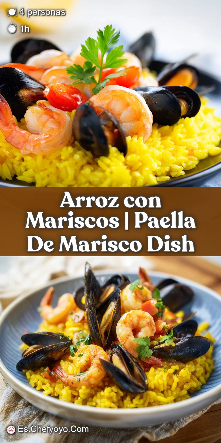 Primer plano de granos de arroz brillantes con gambas jugosas y calamares tiernos ba&ntilde;ados en una salsa anaranjada.