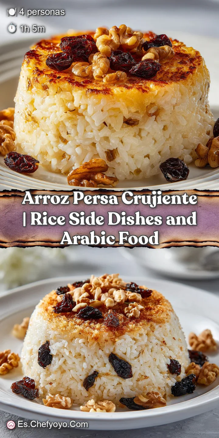 Primer plano detallado de la costra de arroz color &aacute;mbar, con textura rugosa y granos brillantes y humeantes.