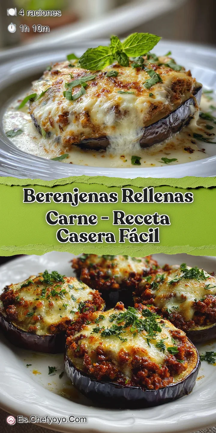 Close-up of glistening, savory stuffed eggplant. Tender eggplant skin contrasts with the rich, browned meat filling, promi...