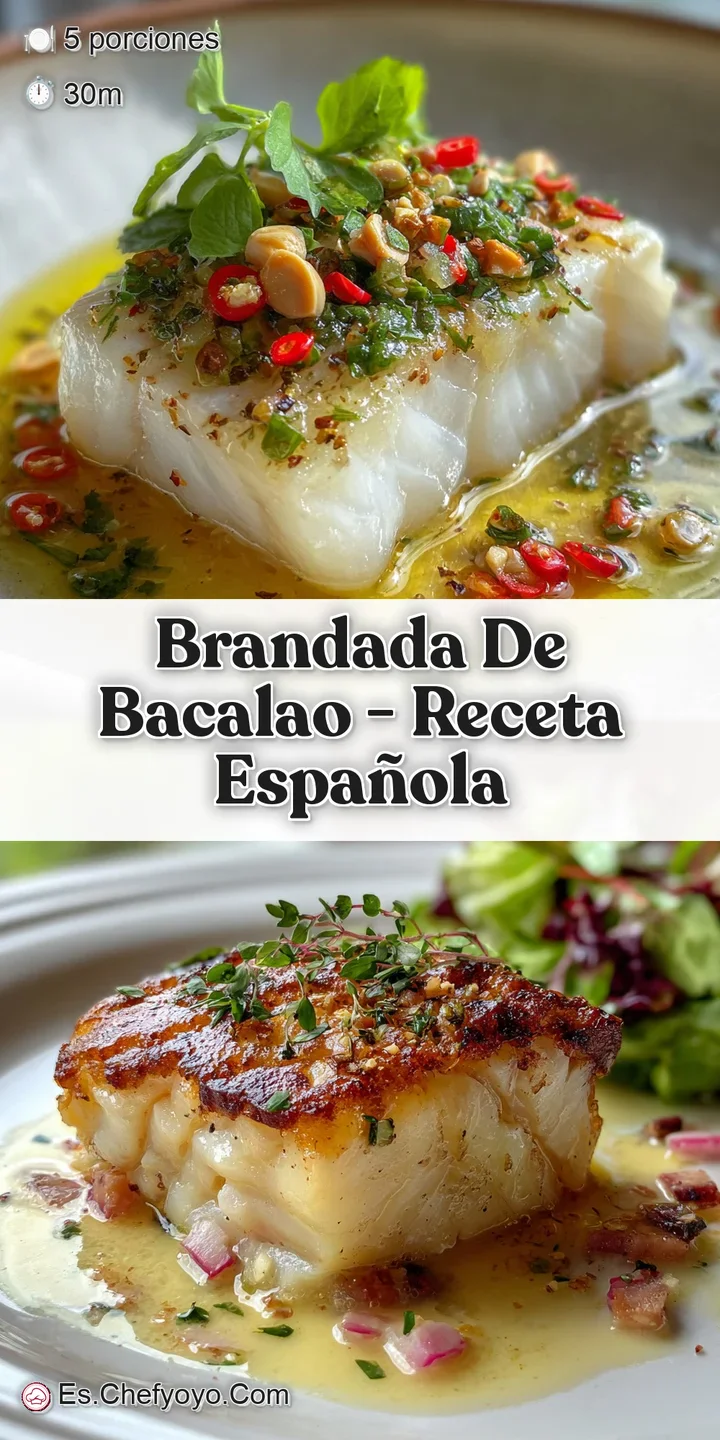Close-up of brandade de bacalao: rich, ivory-colored spread with flecks of herbs. The surface reflects light, promising a ...