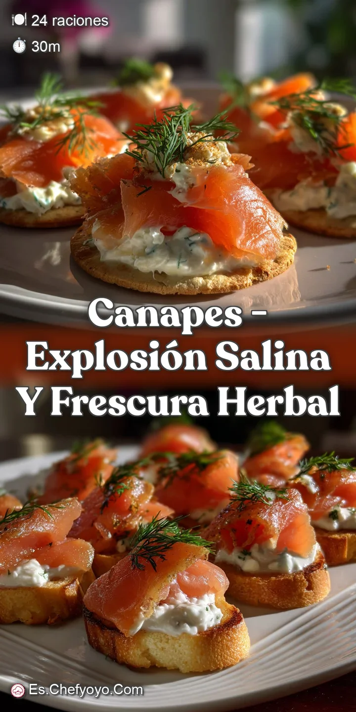 Close-up of a salmon canap&eacute;. The rich pink of the salmon contrasts beautifully with the flaky cracker, accented by the bri...