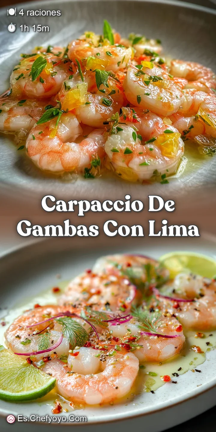 Close-up of shimmering shrimp carpaccio; delicate, translucent slices catching the light, accented by green herbs and brig...