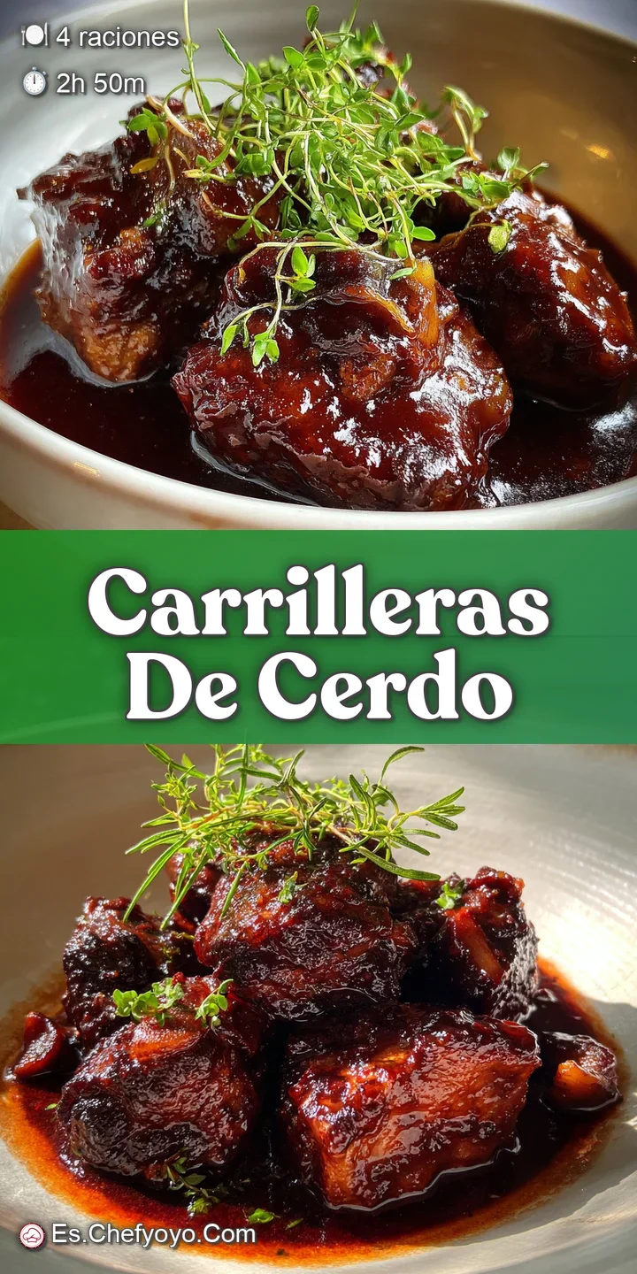 Close-up of glistening, melt-in-your-mouth braised pork. Deep mahogany color with flecks of herbs in the thick, savory sau...