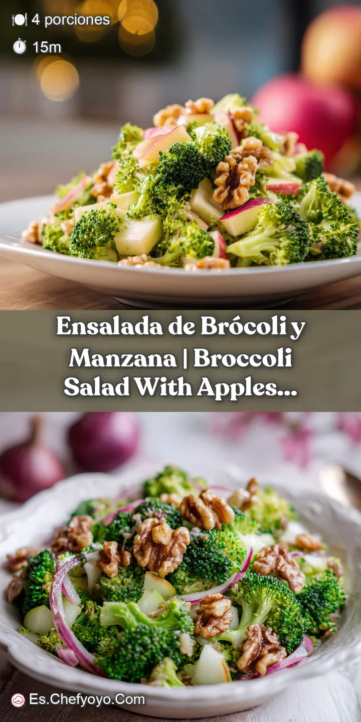 Close-up of tender-crisp broccoli florets and glistening apple chunks coated in a light, creamy dressing.