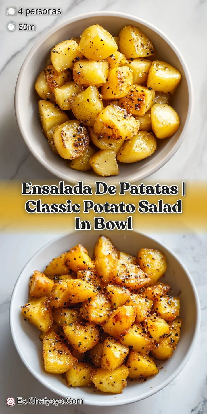 Primer plano de patatas tiernas y brillantes con una textura cremosa, salpicadas de pimienta negra y hierbas verdes.