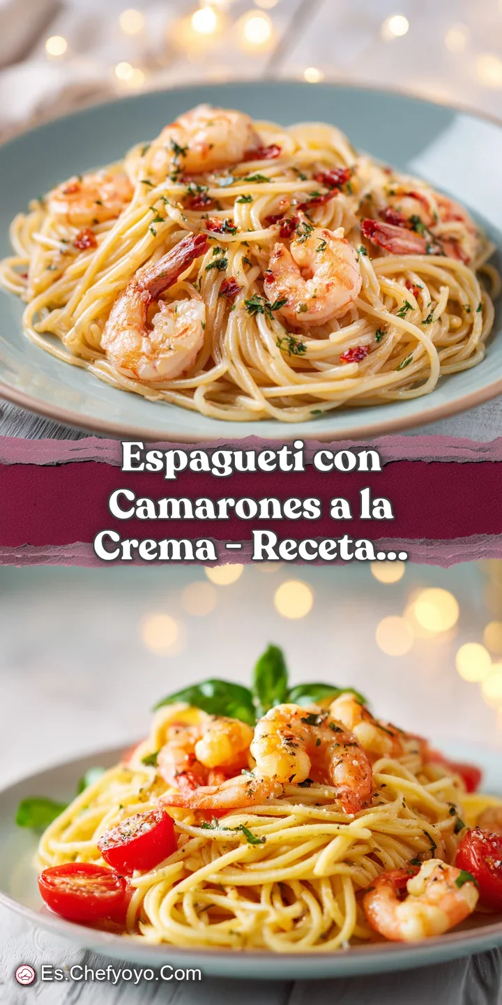 Close-up of plump, pink shrimp nestled in a bed of glossy, creamy pasta, glistening under soft light with visible herb fle...