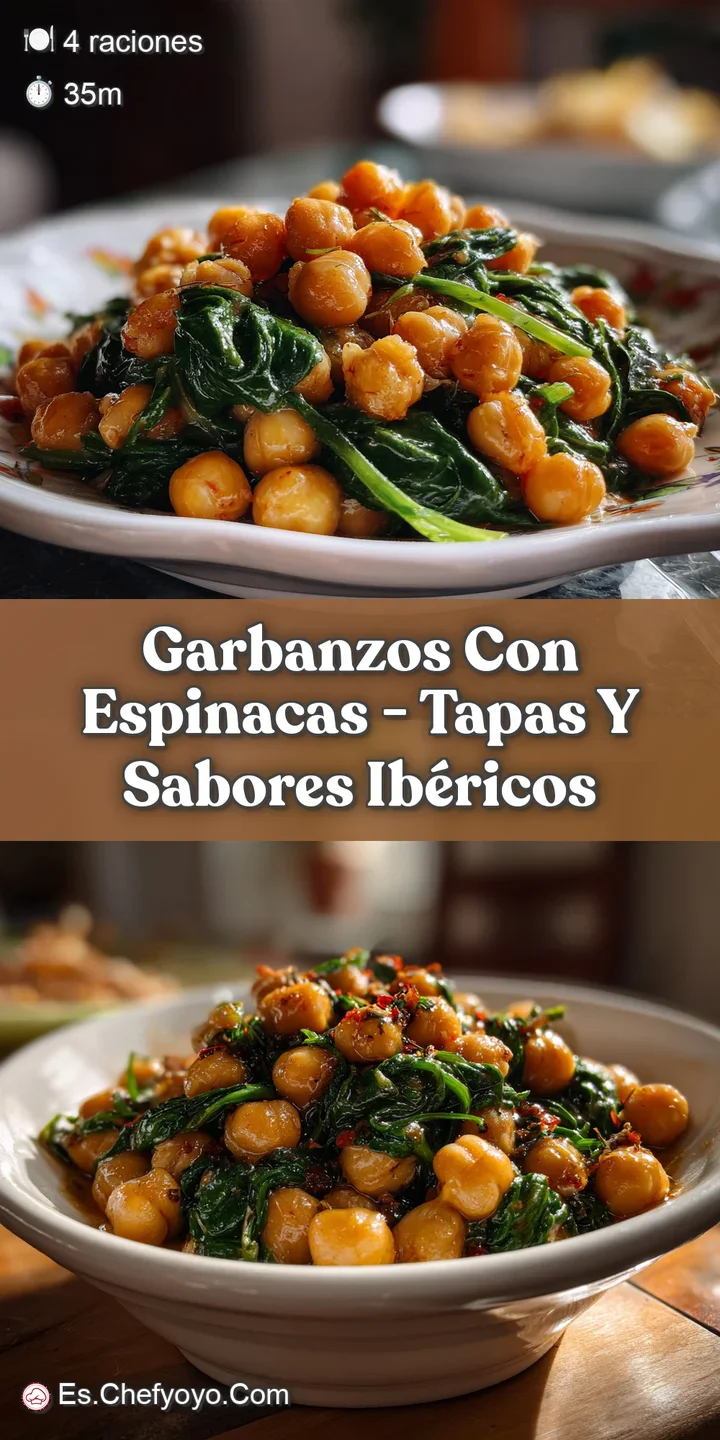 Close-up of the hearty garbanzos con espinacas, highlighting the tender chickpeas and wilted spinach glistening with olive...