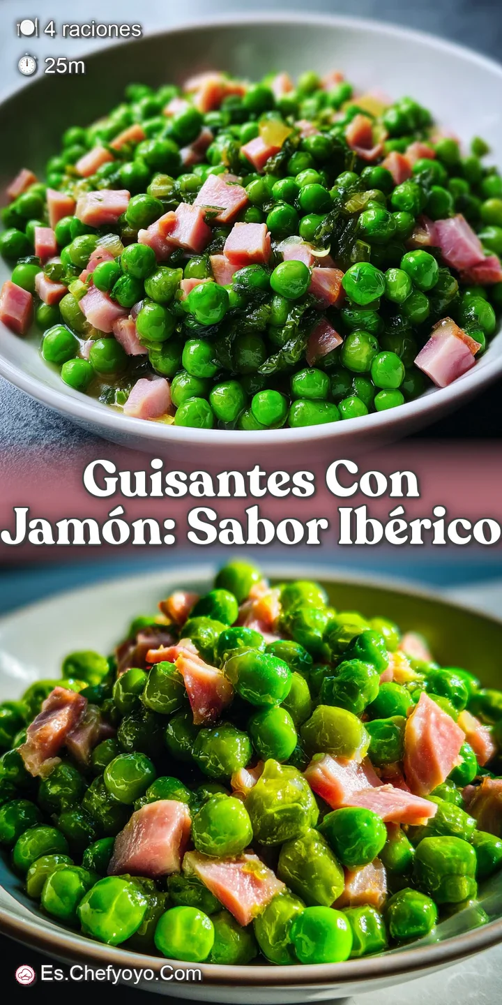 Close-up of tender green peas and savory jam&oacute;n, glistening with olive oil. Inviting textures and aromas jump from the screen.