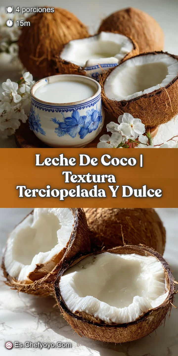 Close-up of leche de coco; a light, glistening liquid. The smoothness is palpable, promising a fresh, creamy, tropical taste.