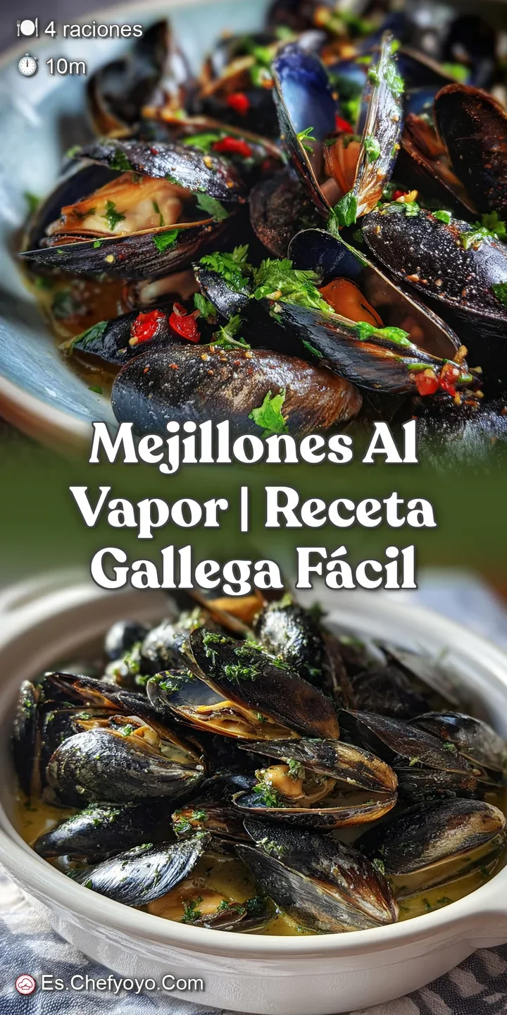 Close-up shows plump, glistening mussels bathed in rich, aromatic broth. Steam gently rises, hinting at the dish's savory ...