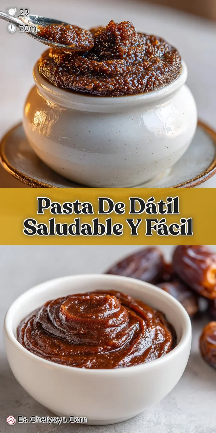 Close-up of glistening pasta strands coated in a thick, date-infused sauce. Visible chopped nuts and herbs add texture and...