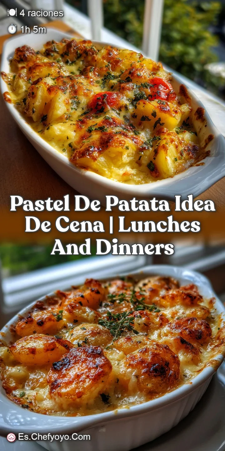 Golden-crusted potato and meat pie, steam rising, with a rustic, inviting texture. The savory filling peeks through the fl...