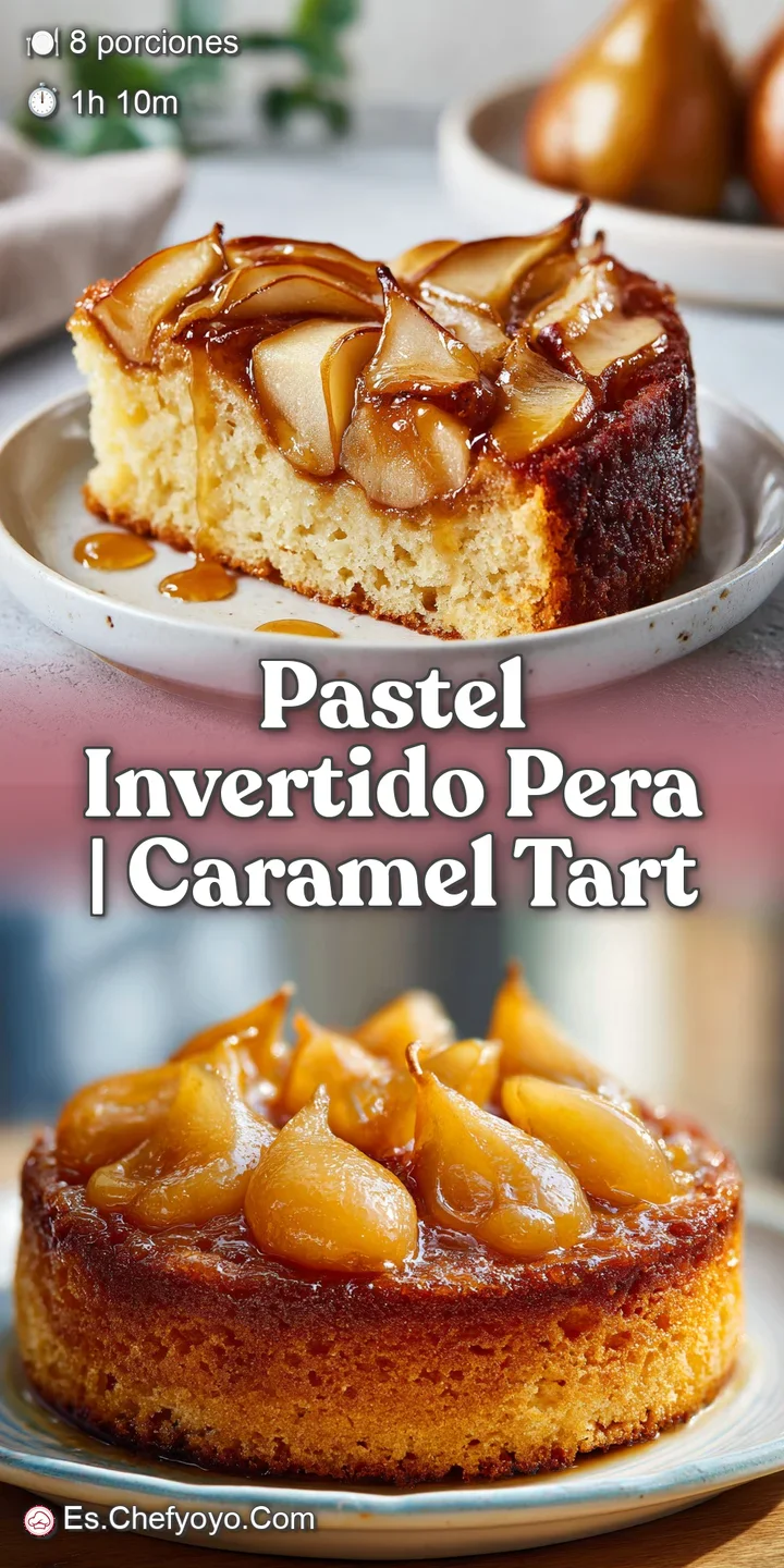 Primer plano de peras caramelizadas y jugosas sobre una base de panqu&eacute; dorado, resaltando la textura suave y dulce.