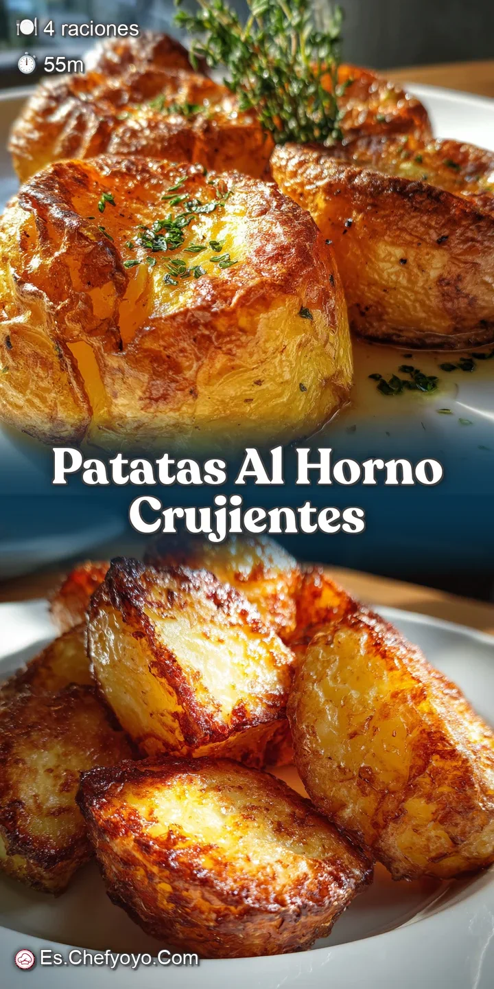 Close-up reveals the intensely golden, uneven surface and cracked, textured skin of a perfectly roasted potato; herbs are ...