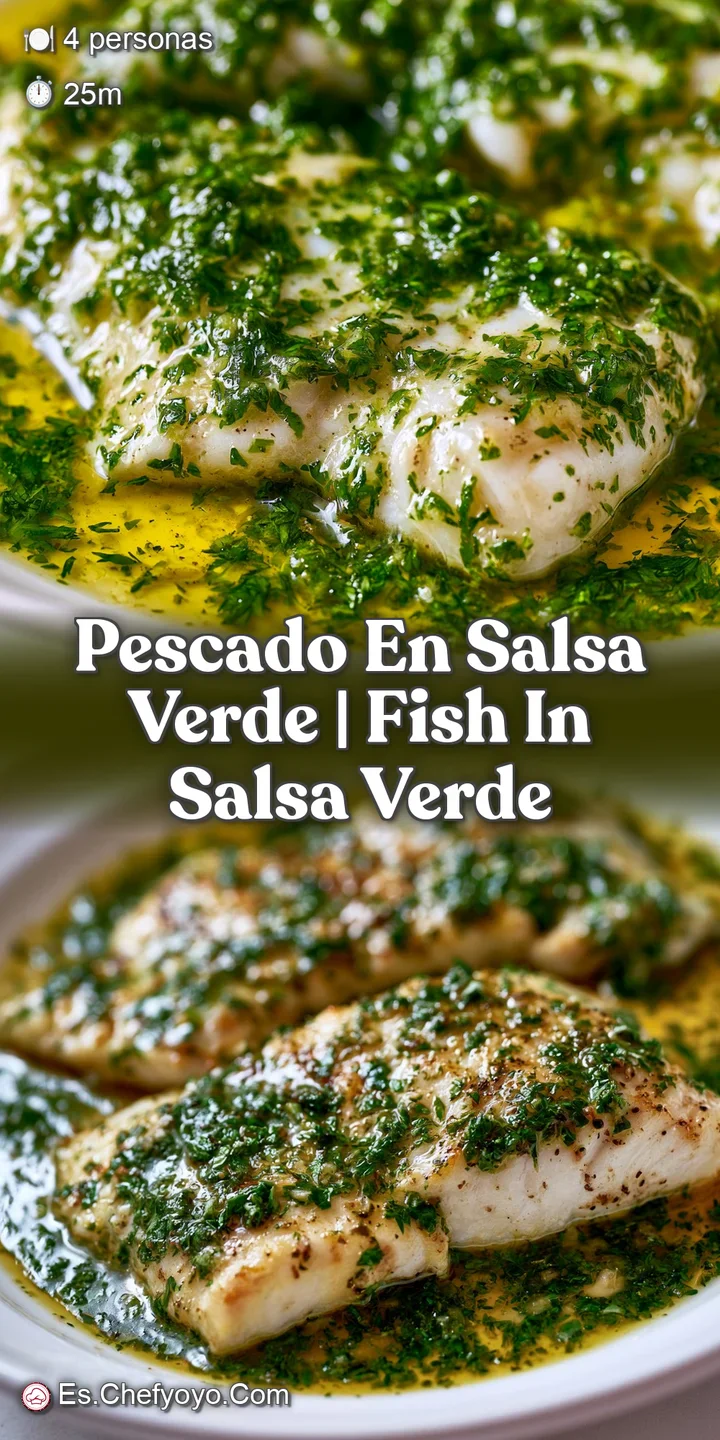 Primer plano de las l&aacute;minas jugosas de pescado blanco cubiertas por una salsa verde espesa y brillante con trozos de ajo.