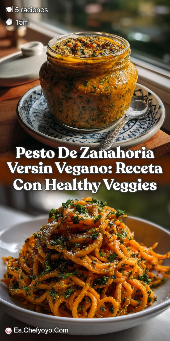 Close-up of the vegan carrot pesto, showcasing its rich green hue and creamy consistency. Glimpses of carrot spirals add v...