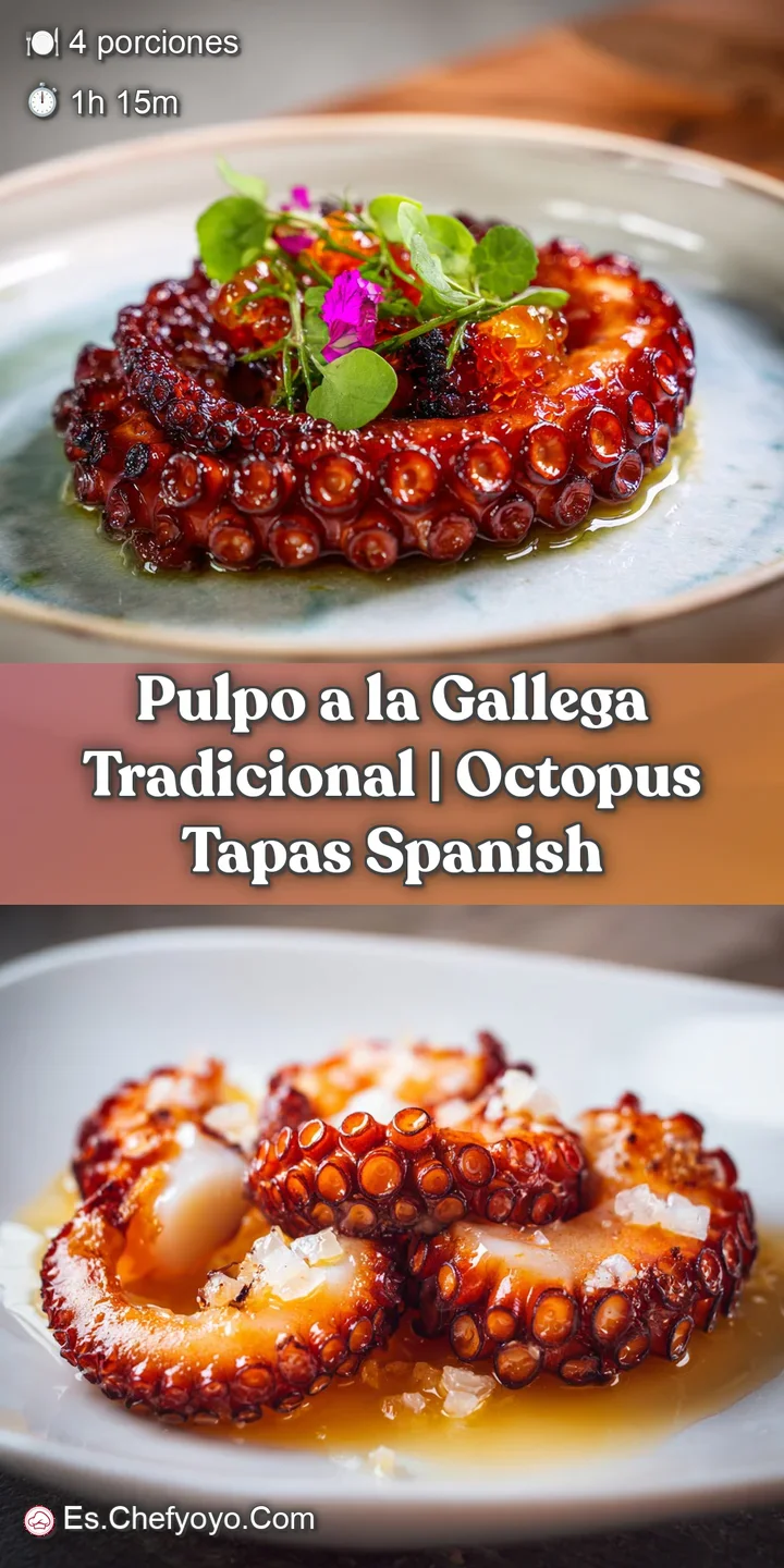 Close-up of Galician-style octopus: Smoked paprika and sea salt glisten on tender, bite-sized pieces of octopus.