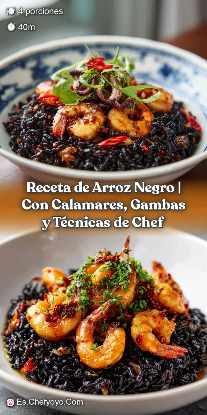 Close-up of glistening black rice with juicy shrimp and perfectly cooked calamari, creating a rich, dark contrast.