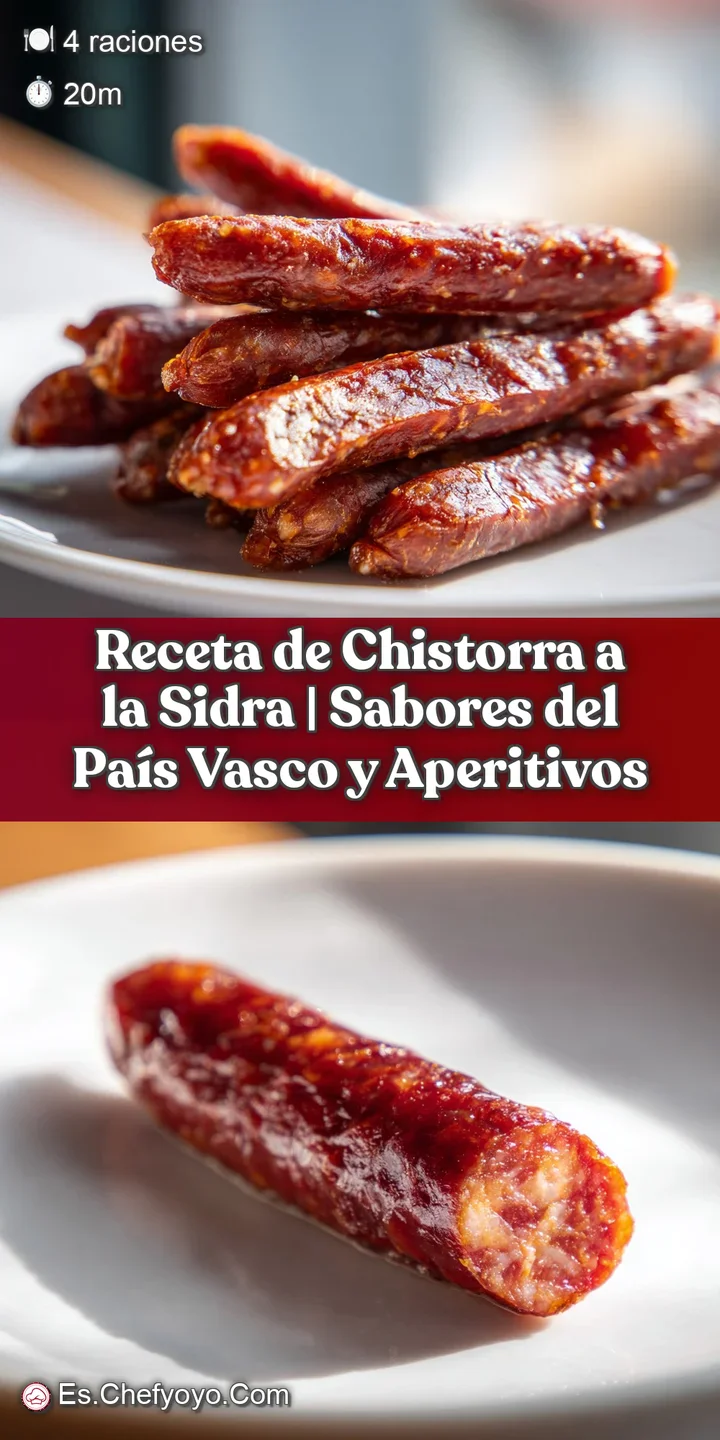 Close-up of juicy, charred chistorra sausage links, bubbling in a flavorful, amber cider broth.