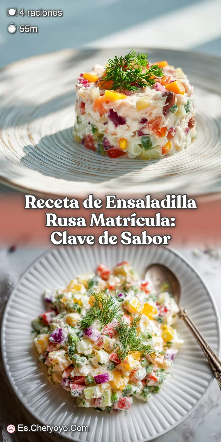 Close-up of creamy Ensaladilla Rusa. Noticeable are the vibrant colors of peas, carrots and olives mixed in mayonnaise.