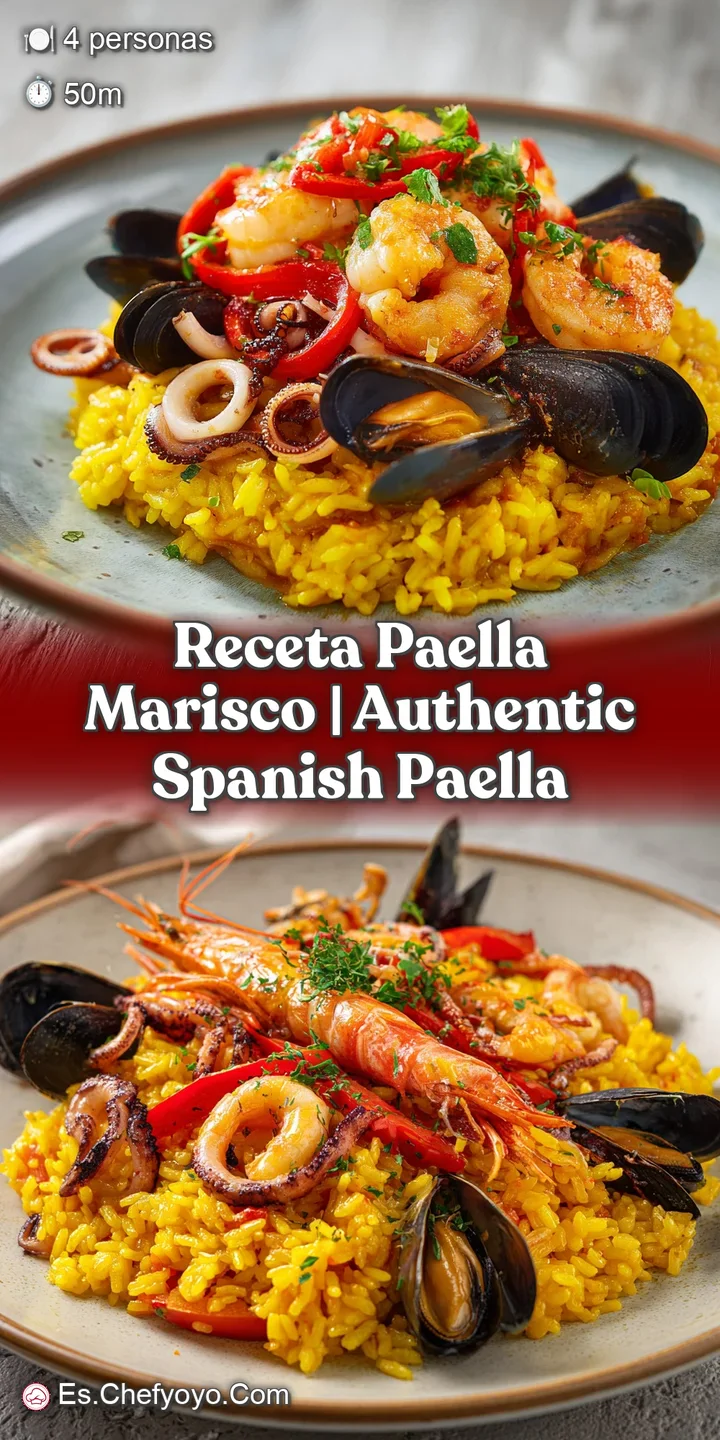 Primer plano de arroz amarillo graneado con una gamba jugosa y mejillones brillantes, resaltando texturas y colores.