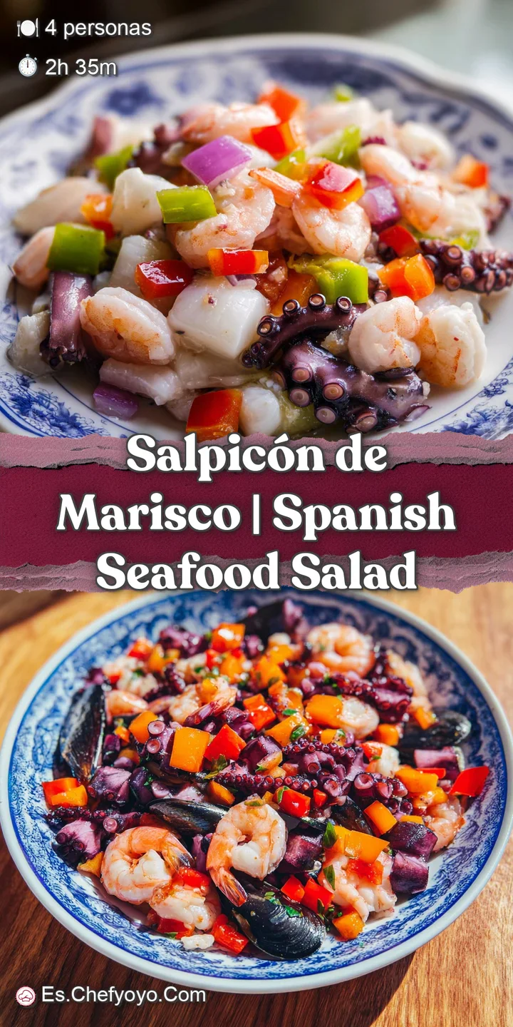 Primer plano de gambas jugosas y pulpo tierno ba&ntilde;ados en aceite brillante con trozos crujientes de pimiento rojo.