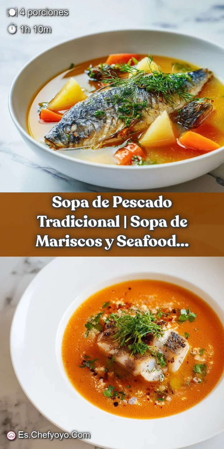 Close-up of flaky white fish and bright red pepper strips in a rich, golden seafood broth.