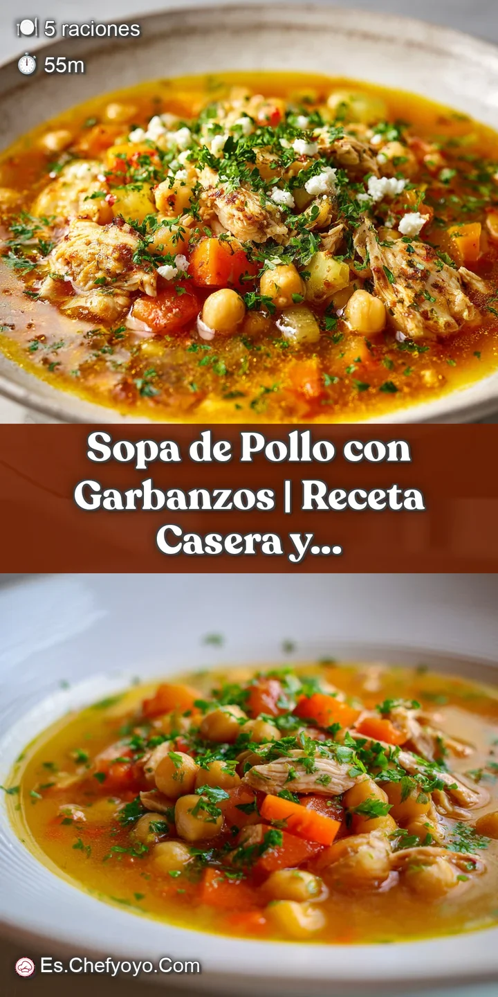 Close-up of shredded chicken and golden garbanzo beans in a savory, herb-flecked broth.