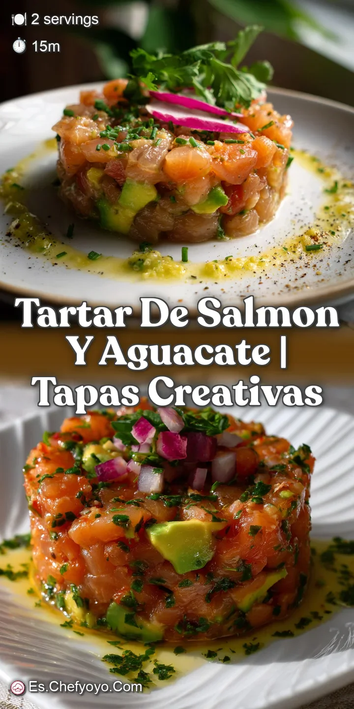 Close-up of a beautifully textured salmon tartare. The raw salmon glistens with a subtle sheen, next to creamy avocado and...