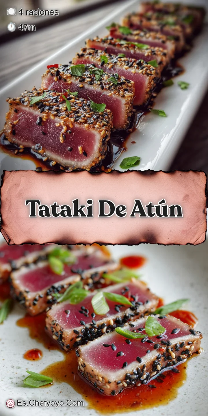 Close-up of pan-seared tuna showing the contrast of charred exterior and rare, pink flesh. Sesame seeds add visual and tex...