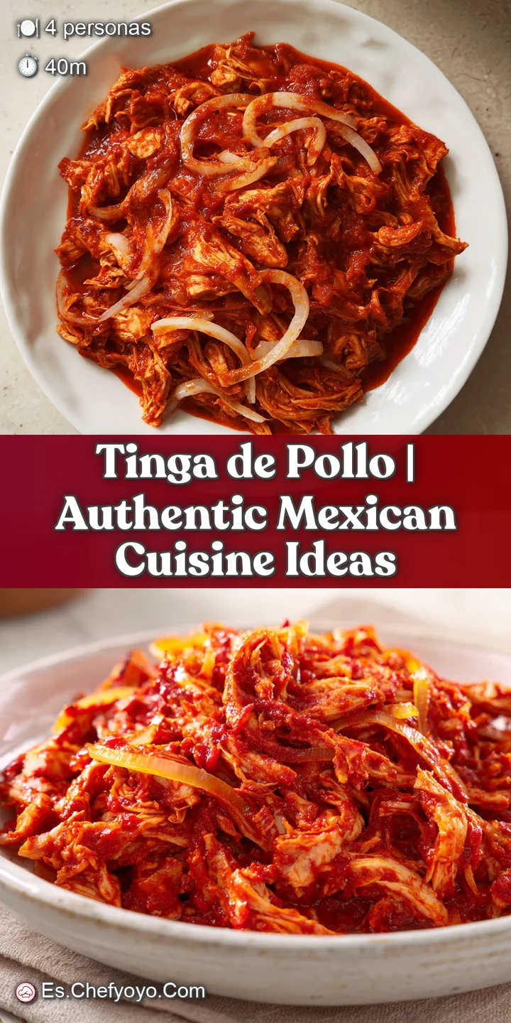 Primer plano de pollo deshebrado humeante en salsa roja vibrante, coronado con crema blanca y aguacate cremoso verde.