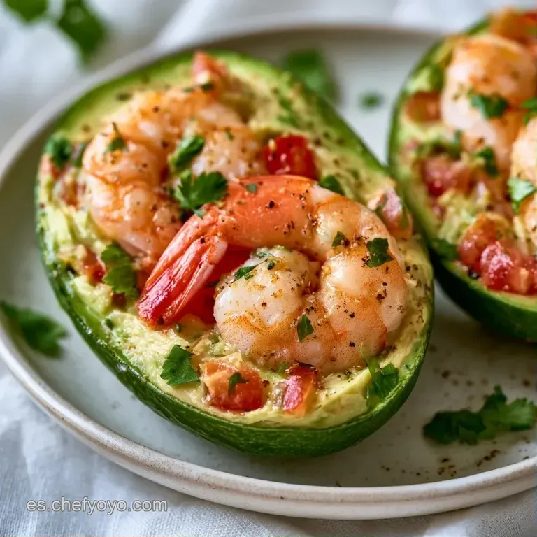 Aguacates cremosos con langostinos frescos adornados con hierbas verdes y gotas de aceite sobre fondo neutro claro.