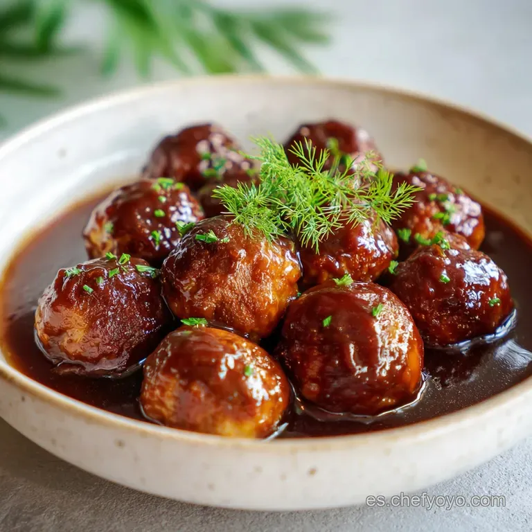 Glossy, tender meatballs bathed in bright red tomato sauce, plated with fresh parsley and served in a white bowl.