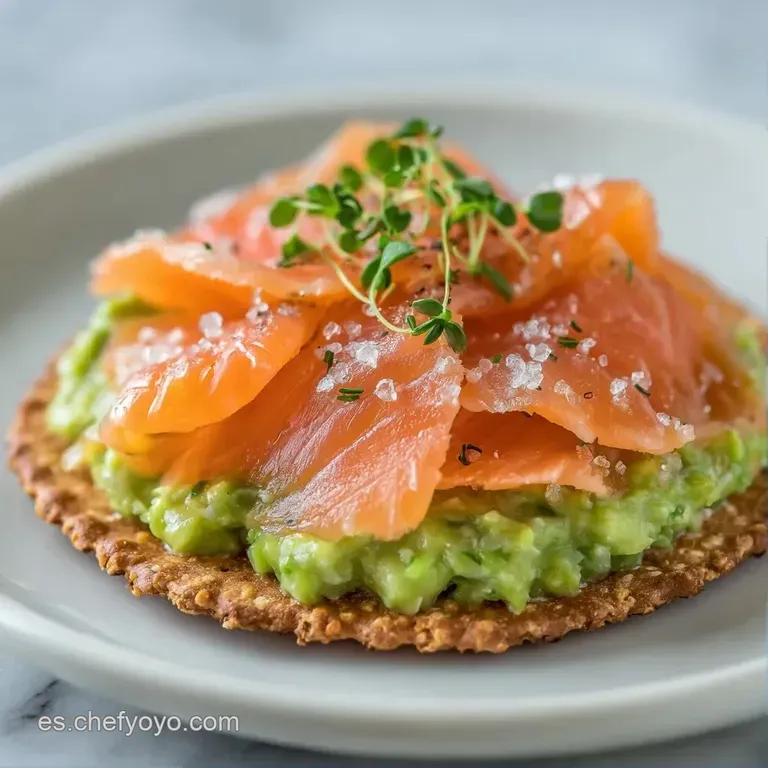 L&aacute;minas de salm&oacute;n ahumado rosado dispuestas en espiral sobre base cremosa, decoradas con gotas de lim&oacute;n y ramitas verdes.