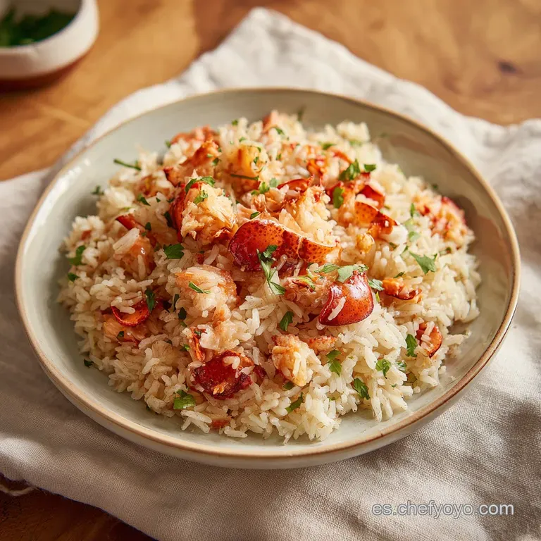 A generous portion of steaming, brothy rice with lobster, garnished with fresh parsley on a plate.