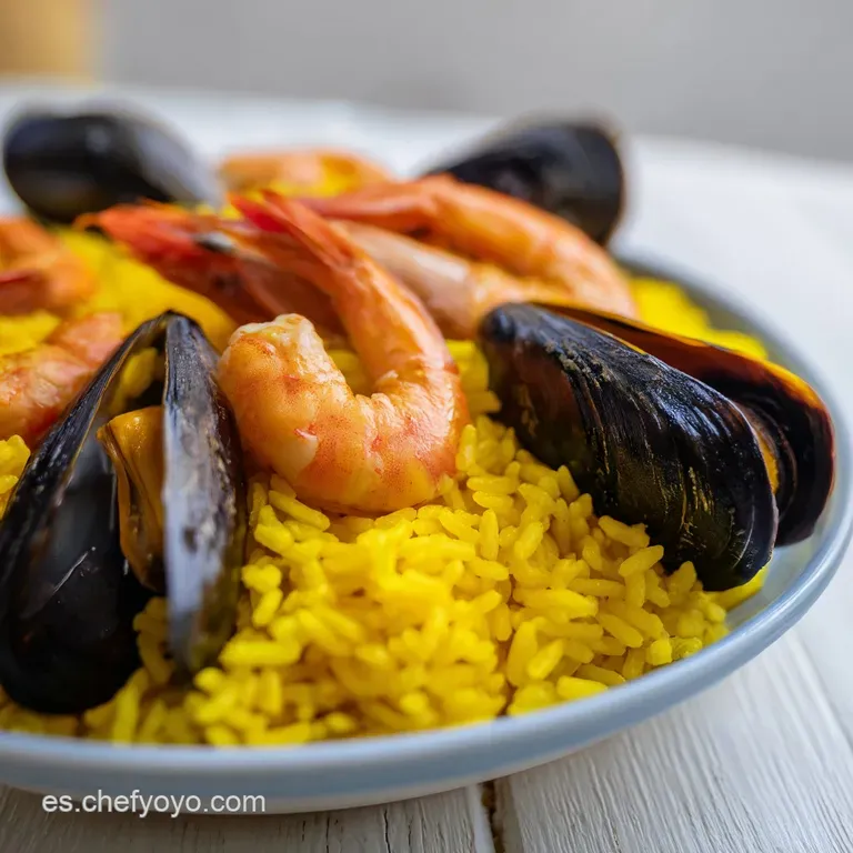 Arroz amarillo moldeado con mariscos frescos encima, decorado con una rodaja de lim&oacute;n y vapor caliente ascendiendo.