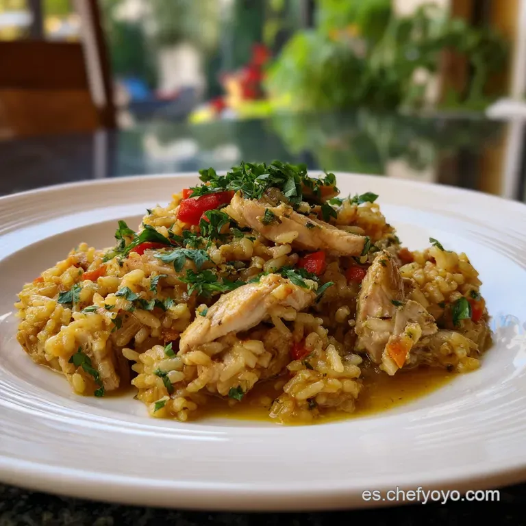 Elegant plate of saffron-infused rice with juicy chicken, topped with bright peppers and peas, hinting at a warm, comforti...
