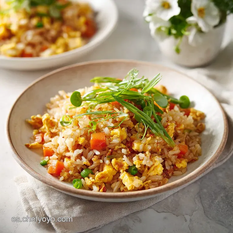 A glossy mound of fried rice topped with a sprinkle of fresh green scallions and a hint of spice.