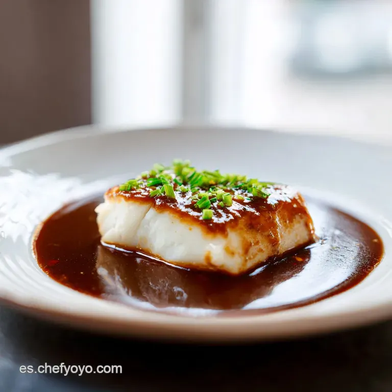 Elegant plate of Bacalao a la Vizca&iacute;na, the vibrant sauce glistening alongside crusty bread for dipping.