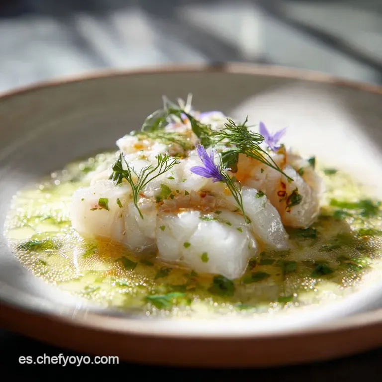 Bacalao al Ajoarriero plated artfully, bright red sauce glistening atop white fish, vibrant green parsley garnish.