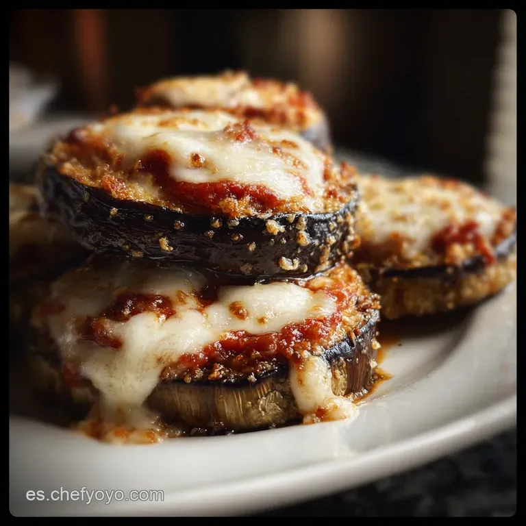 Slice of eggplant parmesan on a white plate. Garnished with fresh basil, showcasing layers of tender eggplant and bubbling...