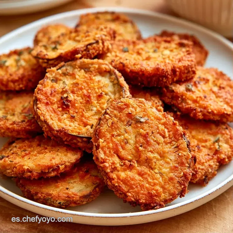 Berenjenas apiladas con costra marrón brillante, acompañadas de una salsa cremosa blanca en un cuenco de cerámica.