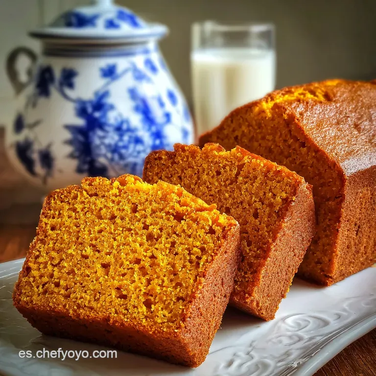 Slice of moist pumpkin cake on a white plate, sprinkled with cinnamon. Soft crumb texture is visible, autumn colors glow.