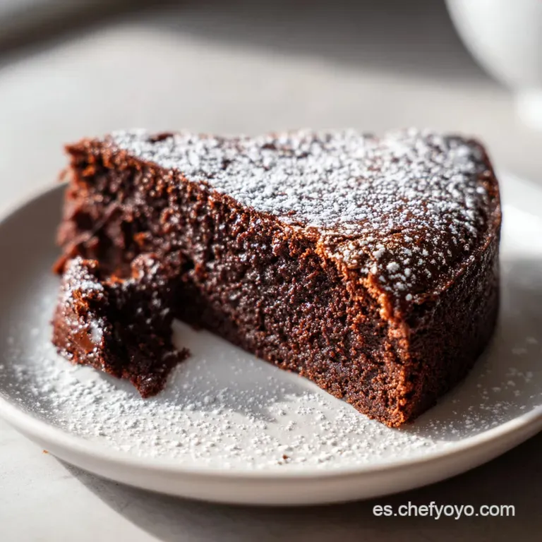 A slice of deep brown, fudgy chocolate cake on a white plate, drizzled with chocolate sauce and a hint of red berry.